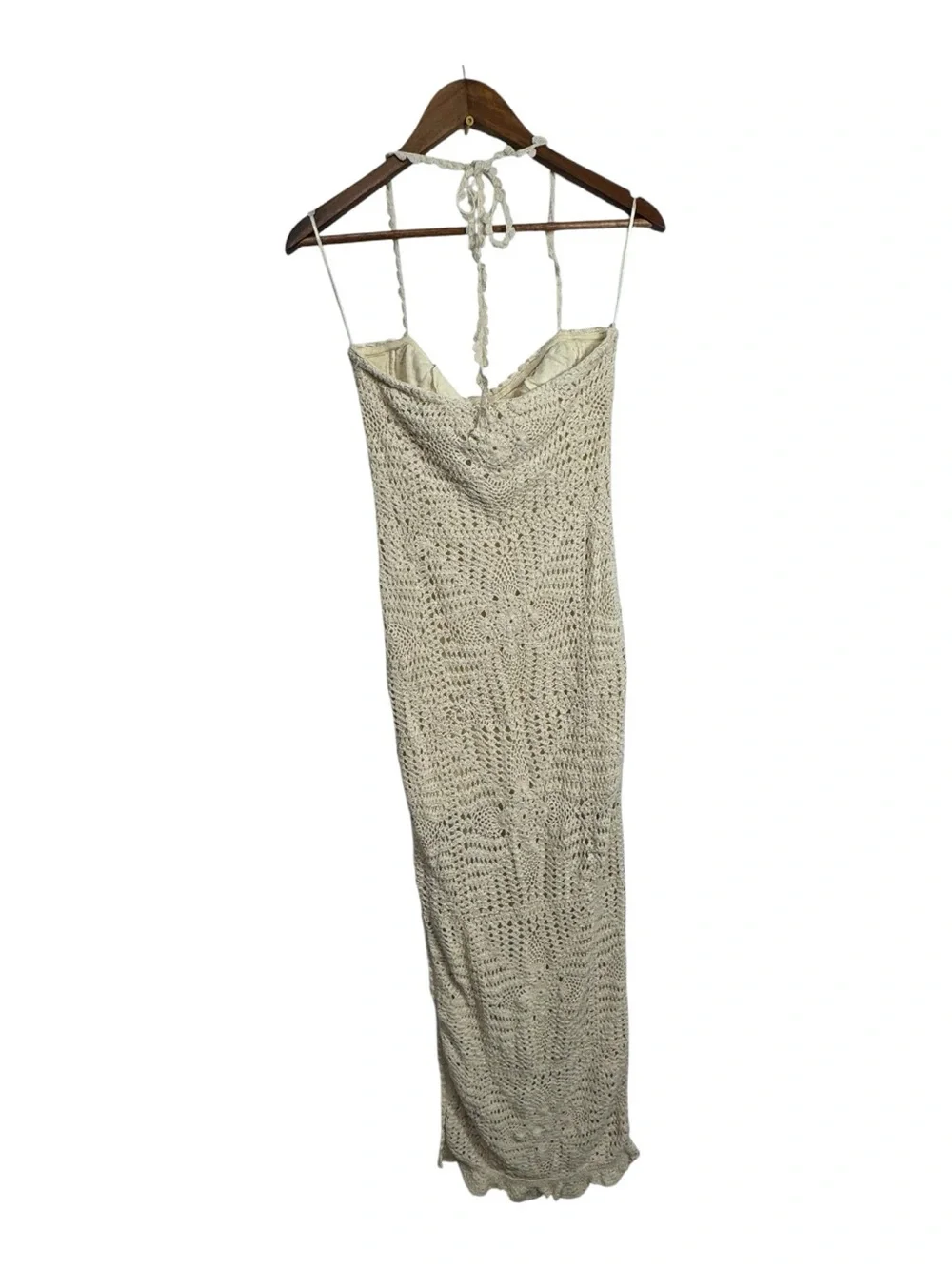 Free People Cream Crochet Halter Maxi Dress Boho Slit Beachy Vacation Resort